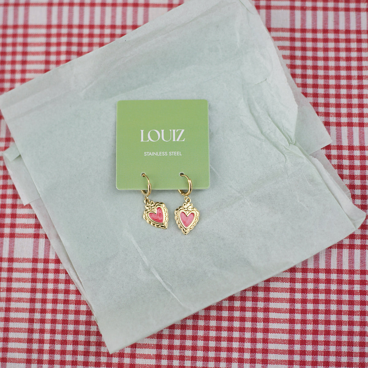 Oorbellen, ingelegd roze hart